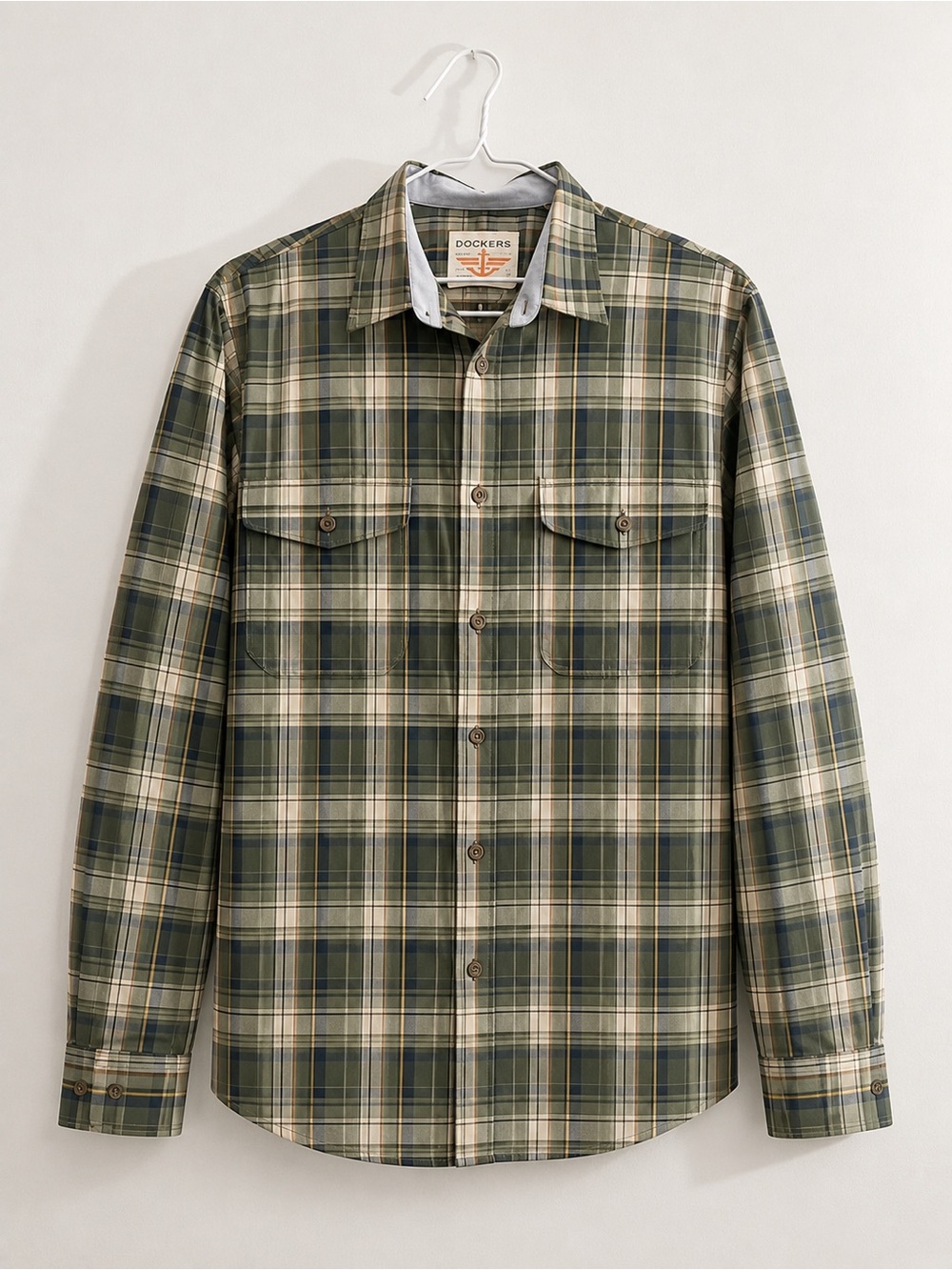 Men’s Large Dockers Olive and Cream Plaid Button-Down Shirt
